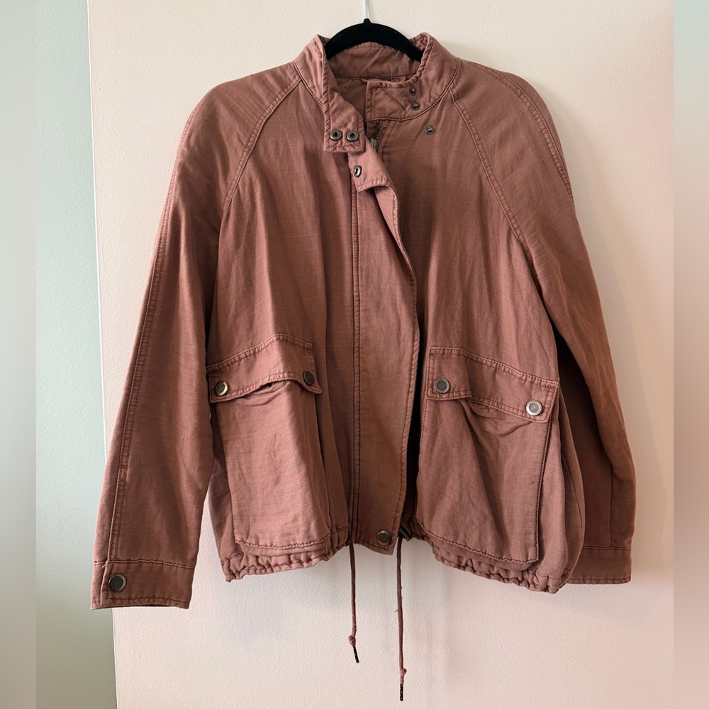 Free People slouchy linen blend bomber jacket with oversized pockets drawstring